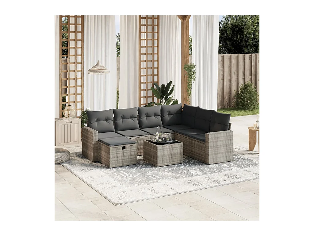 Set de sofás de jardín 8 piezas y cojines ratán sintético gris