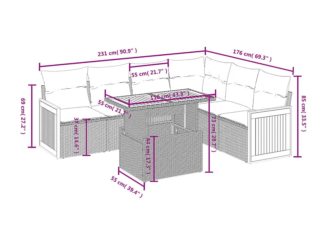 Salon de jardin avec coussins 7 pièces beige résine tressée