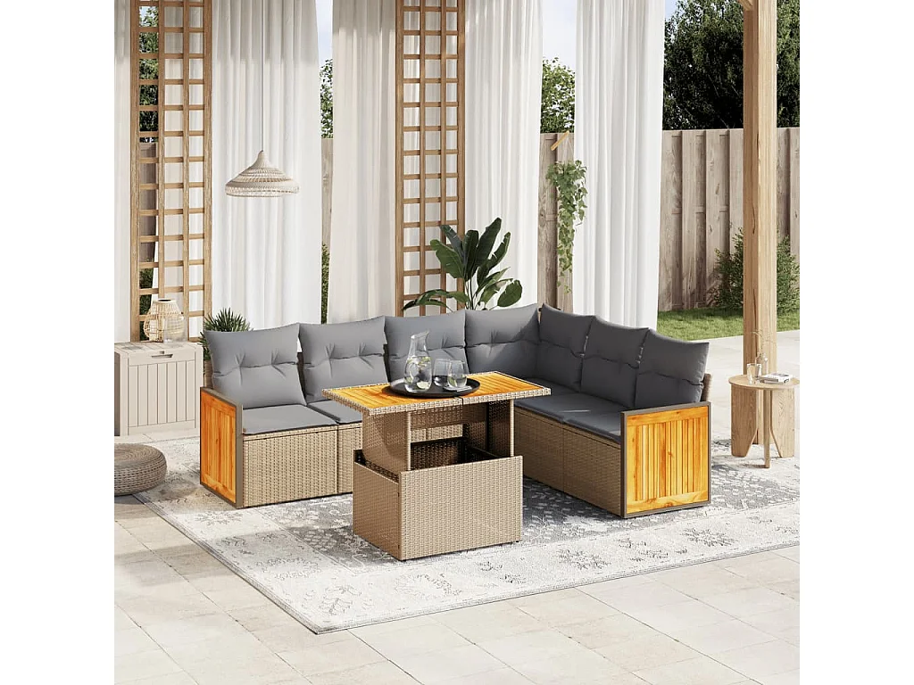 Salon de jardin avec coussins 7 pièces beige résine tressée