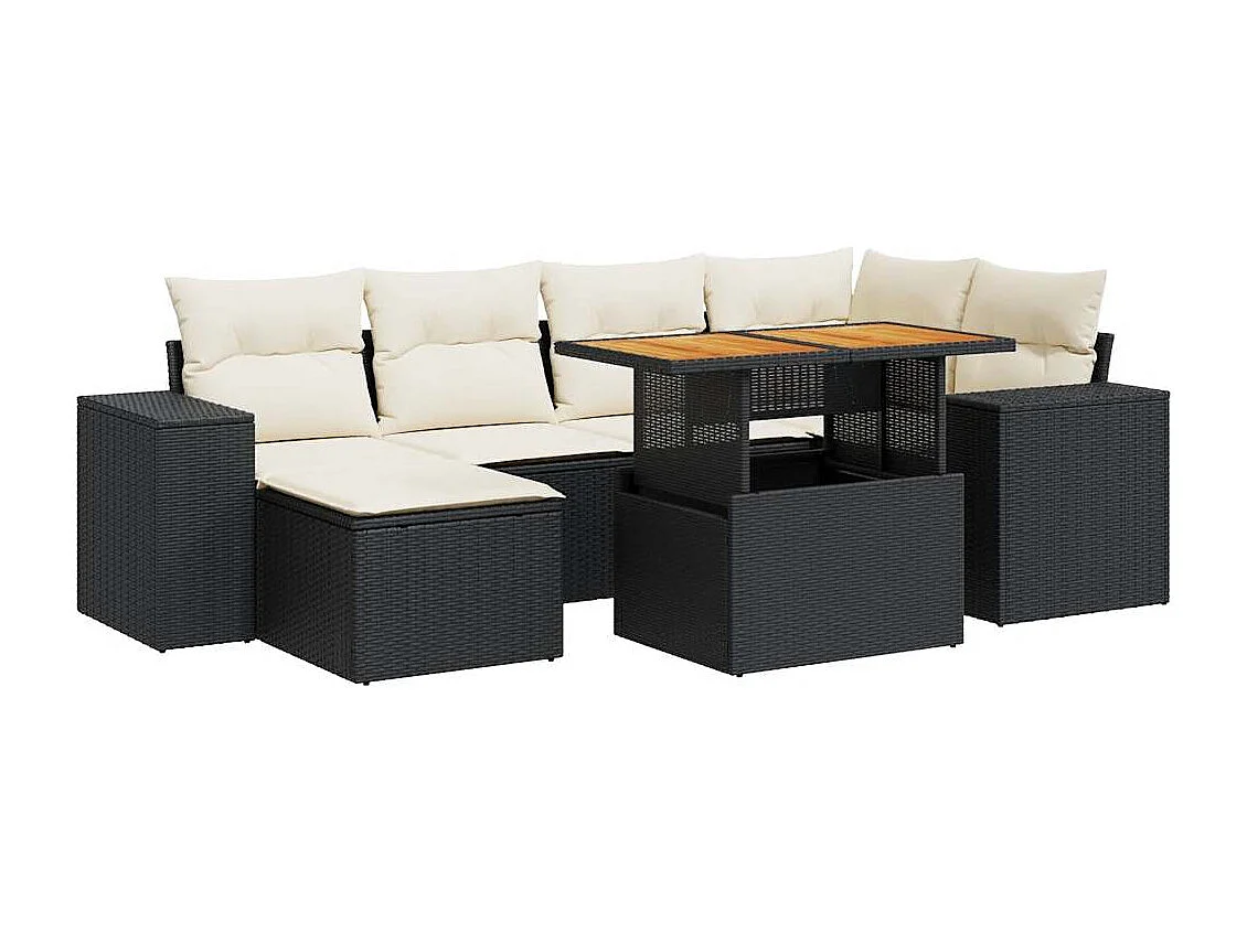 7-delige Loungeset met kussens poly rattan zwart