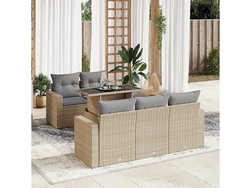 Salon de jardin avec coussins 6 pièces beige résine tressée