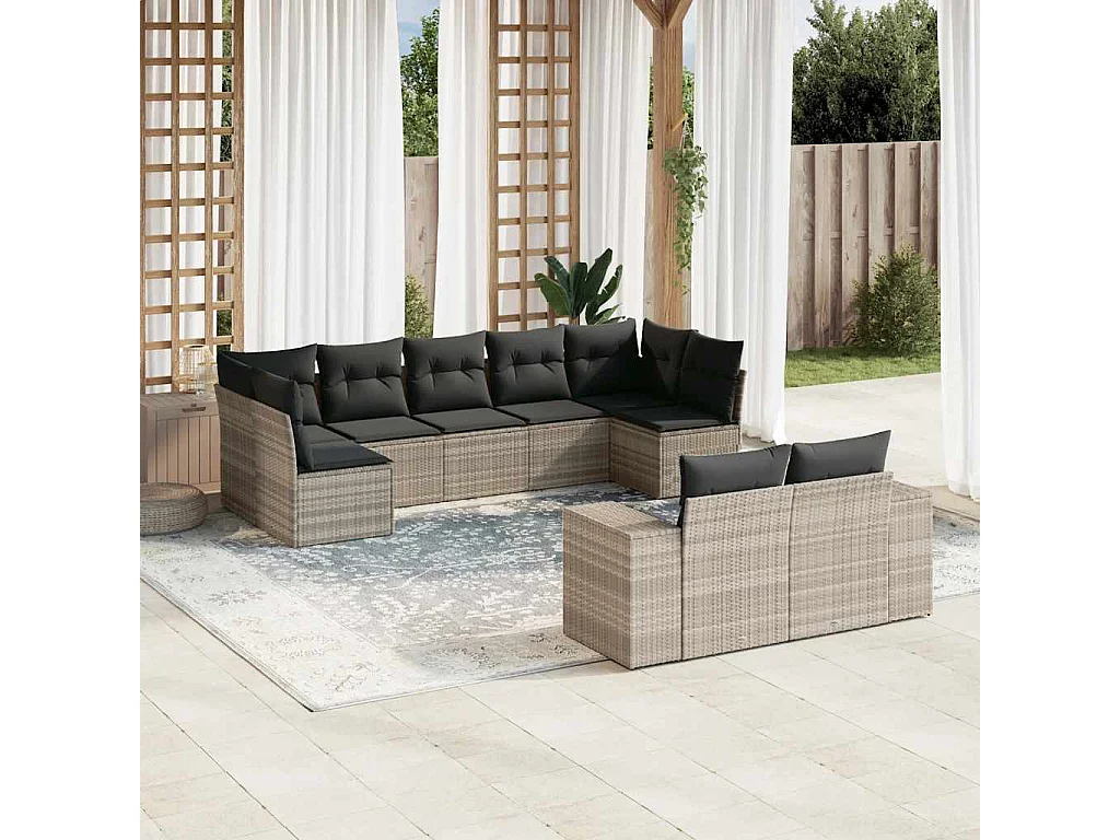 Set muebles jardín 9 piezas y cojines ratán sintético gris claro
