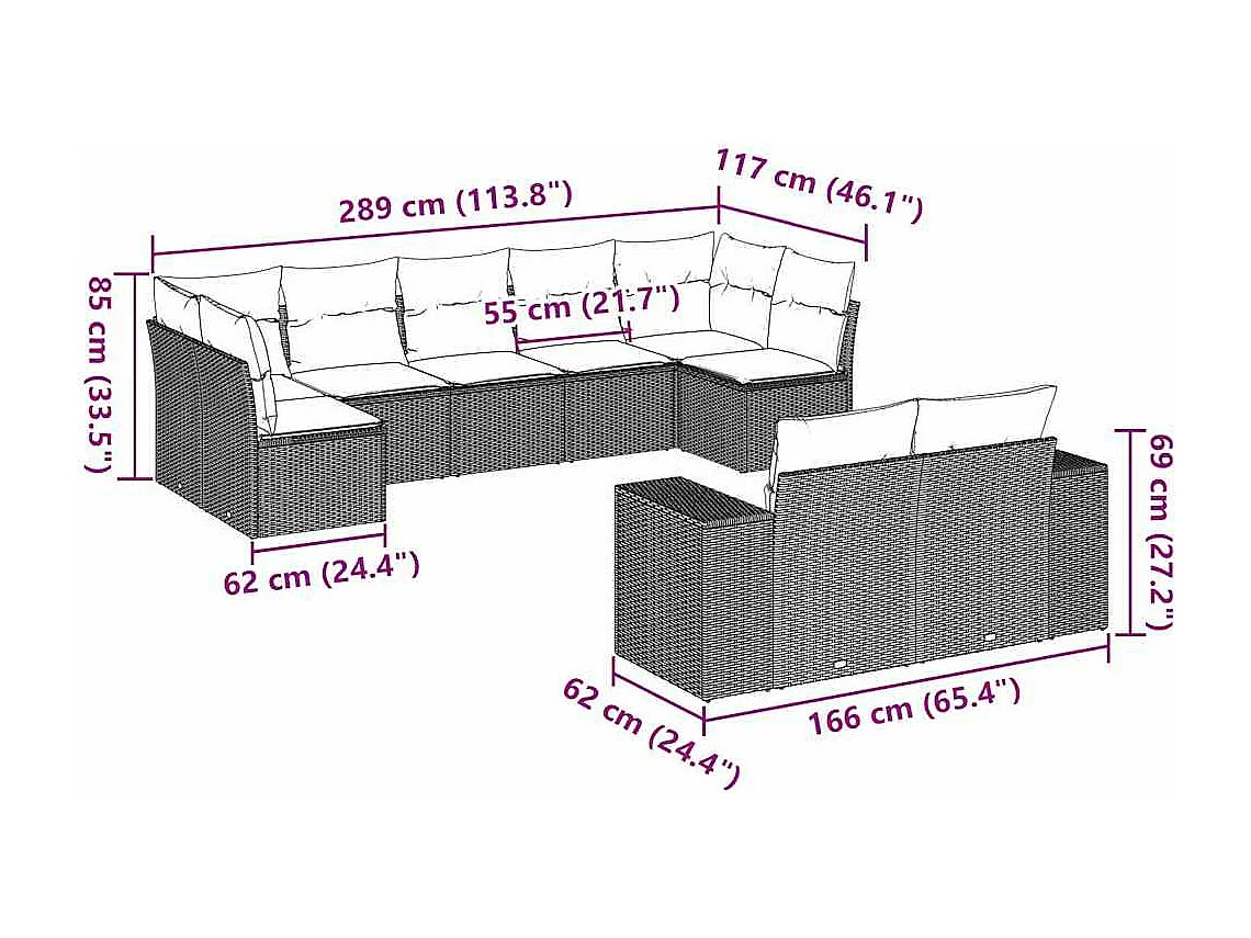 Set muebles jardín 9 piezas y cojines ratán sintético gris claro