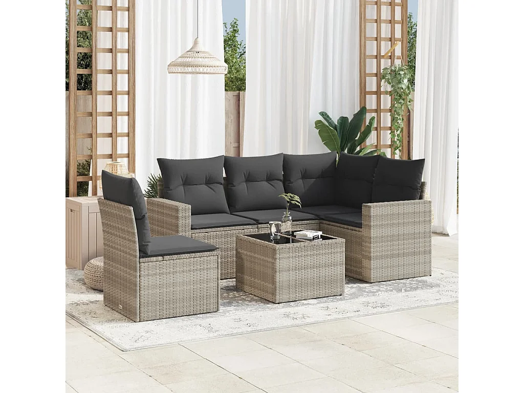 6-delige Loungeset met kussens poly rattan lichtgrijs