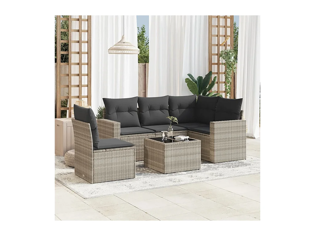 Set de sofás de jardín 6 piezas y cojines ratán sintético gris