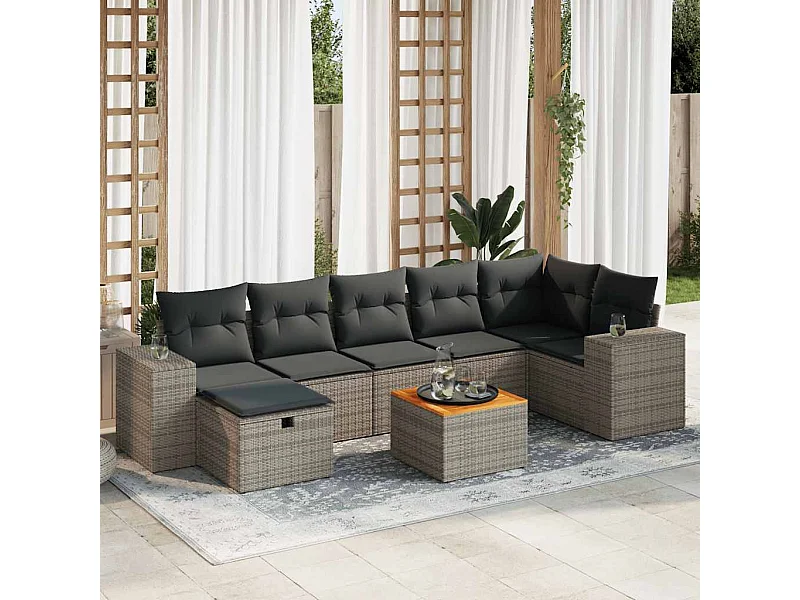 Salon de jardin 8 pièces avec coussins gris résine tressée