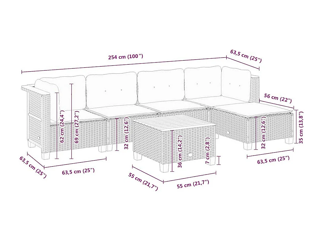 6-delige Loungeset met kussens poly rattan beige