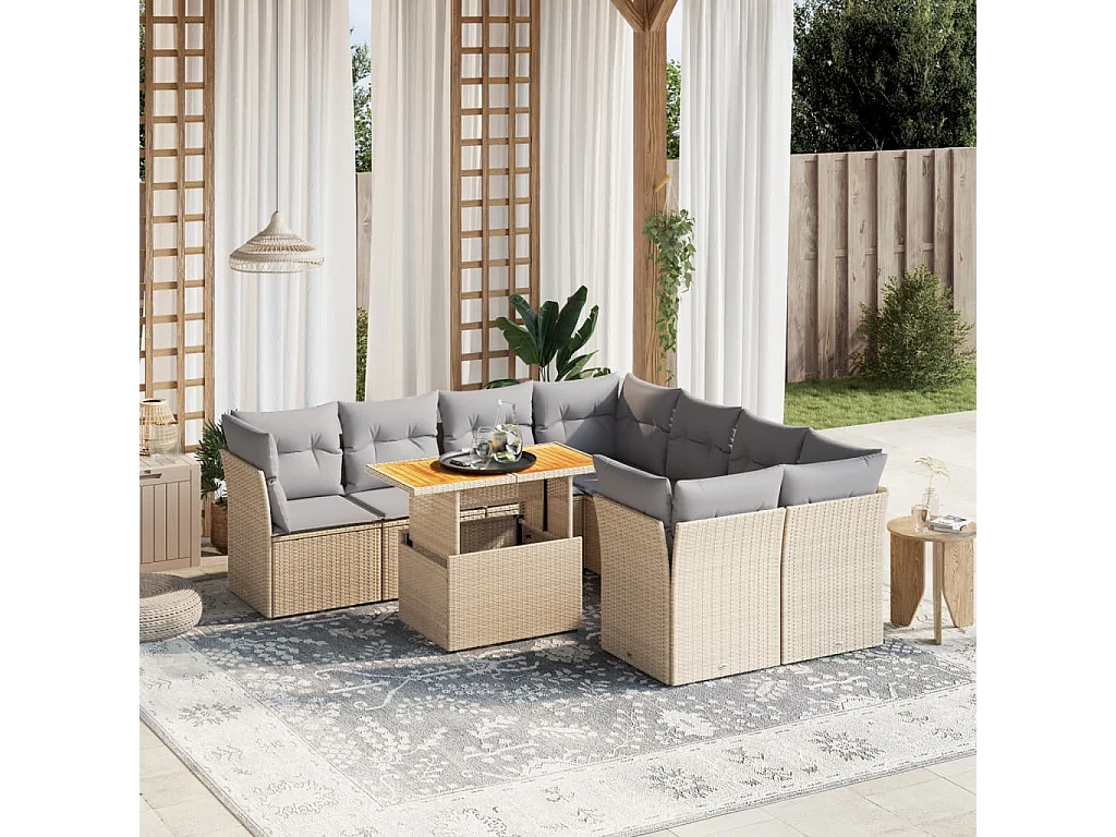 Salon de jardin avec coussins 9 pièces beige résine tressée