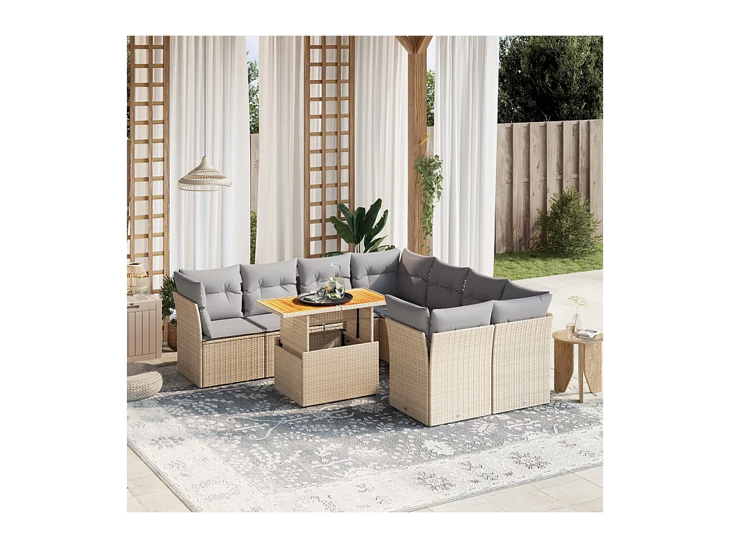 9-delige Loungeset met kussens poly rattan beige