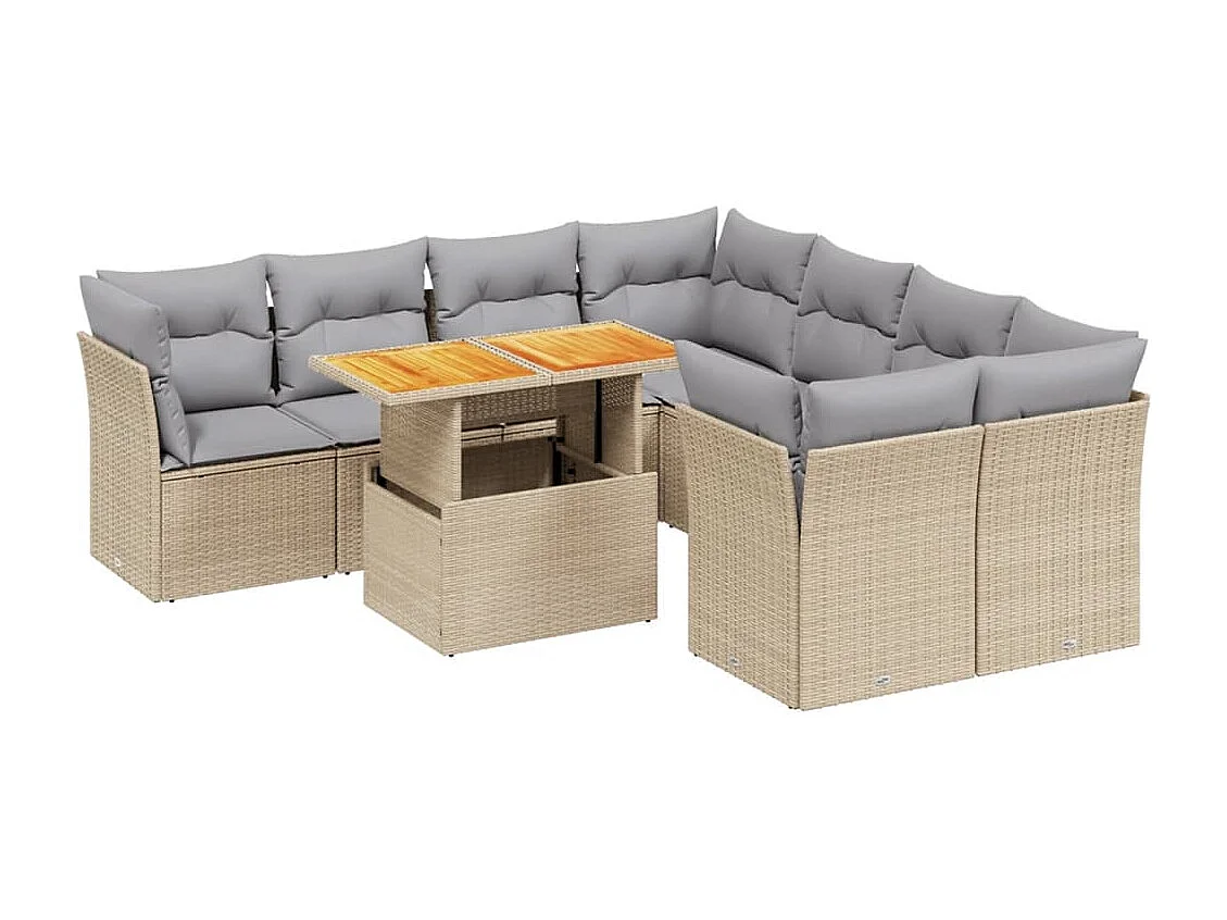 Salon de jardin avec coussins 9 pièces beige résine tressée