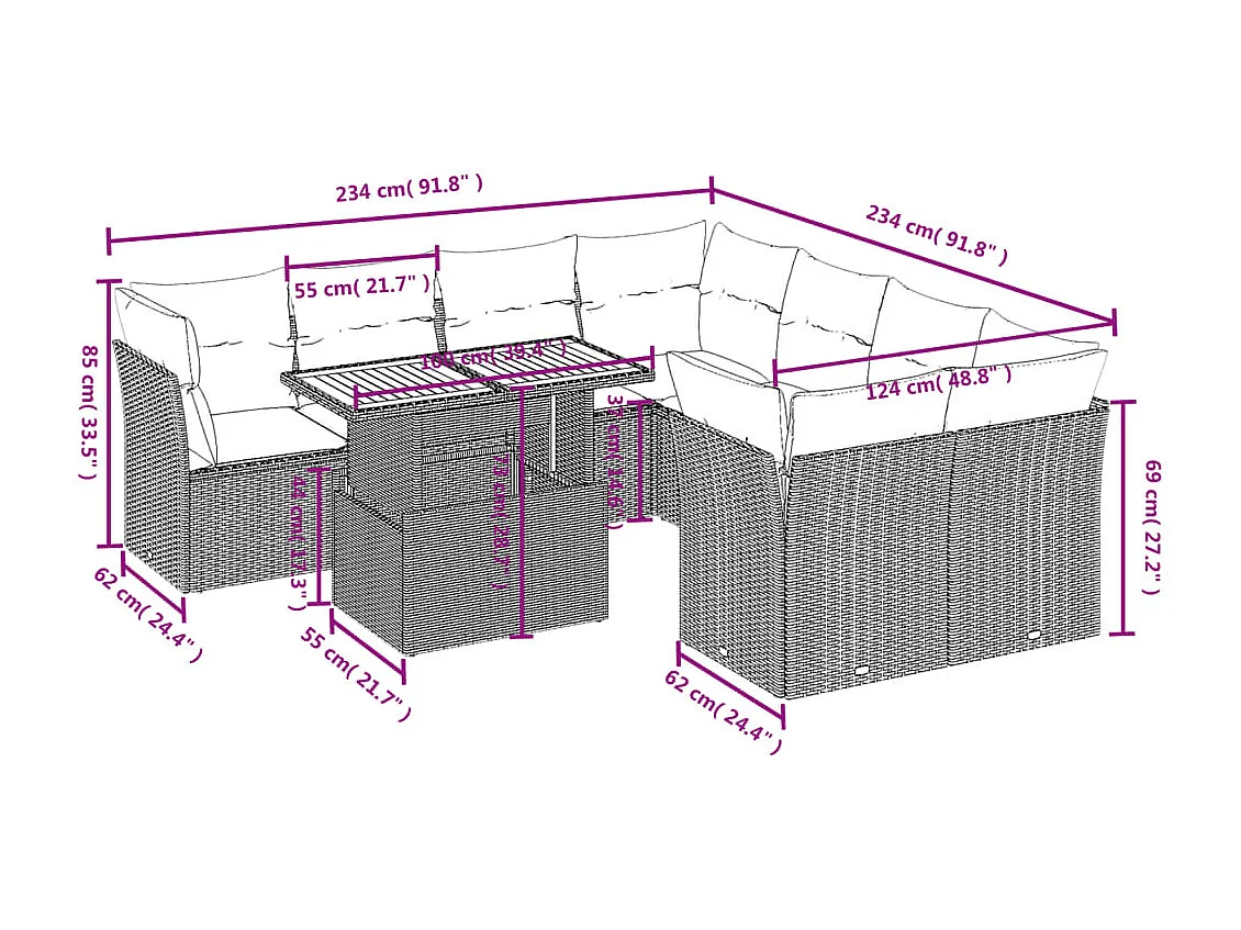 Salon de jardin avec coussins 9 pièces beige résine tressée