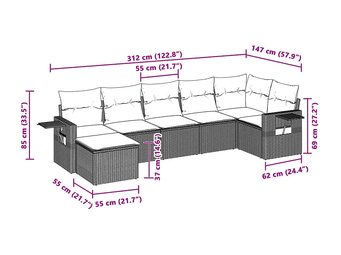 Set de sofás de jardín 7 piezas con cojines ratán PE gris claro