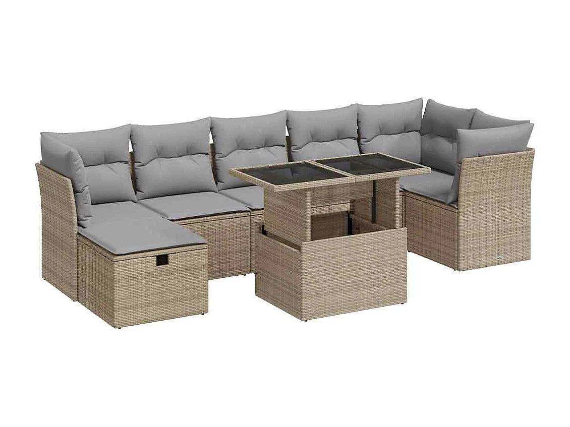 8-delige Loungeset met kussens poly rattan beige