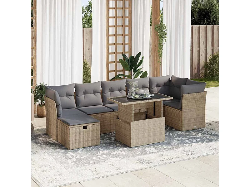 8-delige Loungeset met kussens poly rattan beige