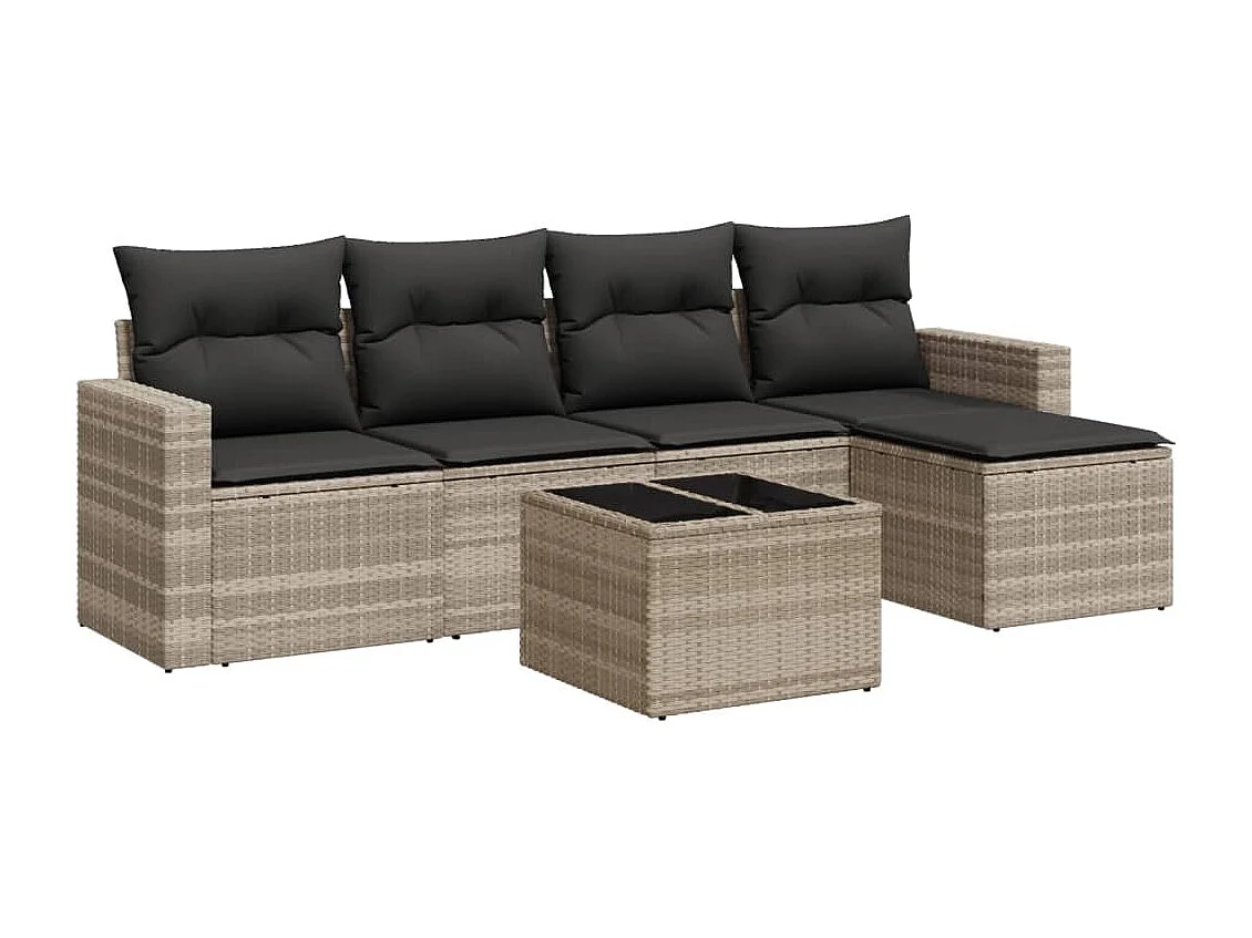 Salon de jardin 6 pièces avec coussins gris clair résine tressée