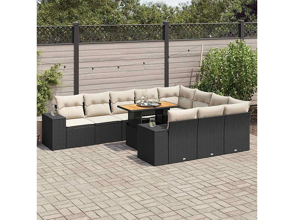 Salon de jardin 10 pièces avec coussins noir résine tressée acacia