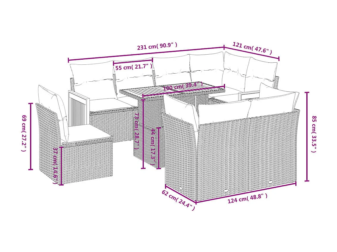 Set de sofás de jardín 9 piezas con cojines ratán sintético beige