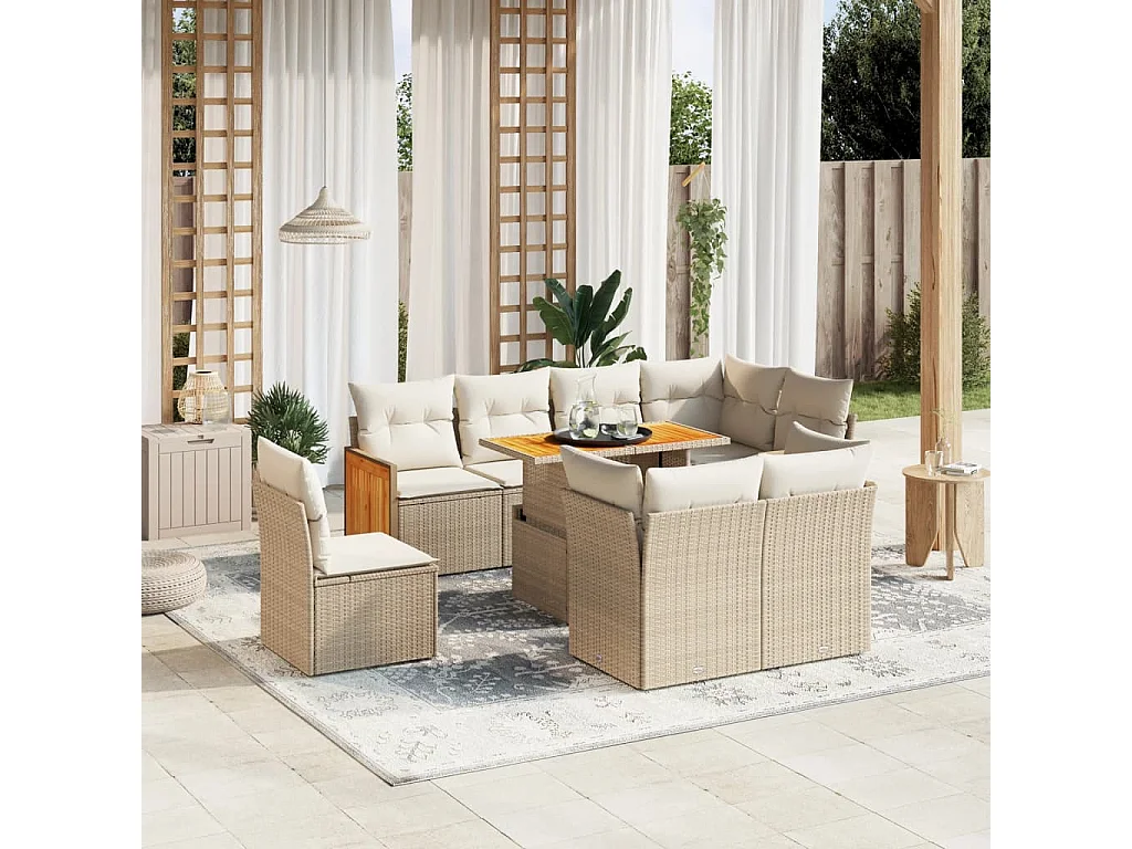 Salon de jardin avec coussins 9 pièces beige résine tressée