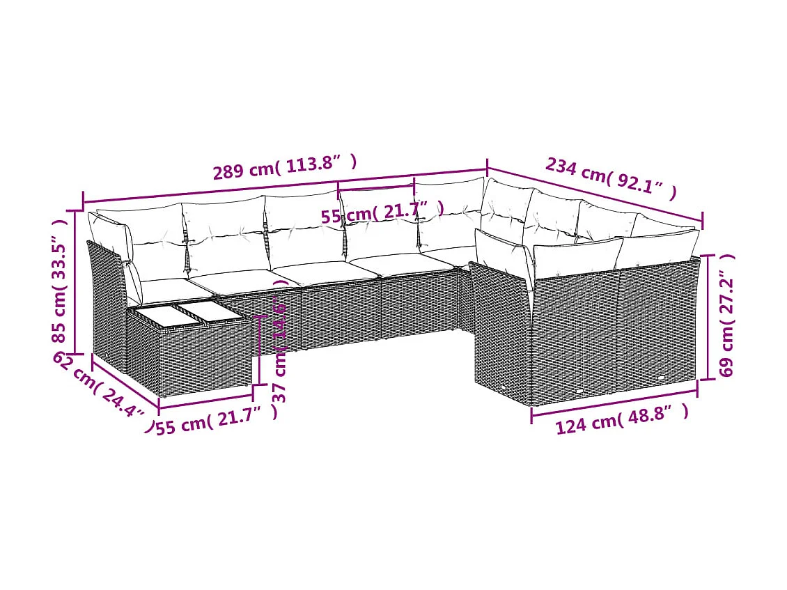 10-delige Loungeset met kussens poly rattan bruin