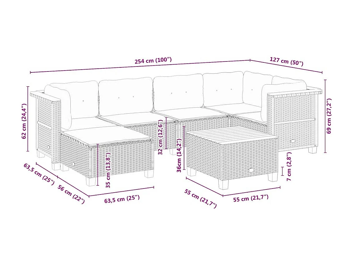 7-delige Loungeset met kussens poly rattan zwart