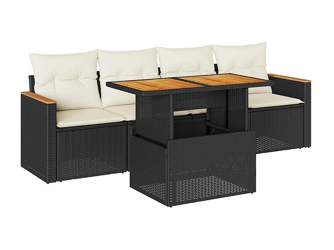 5-delige Loungeset met kussens poly rattan acacia zwart
