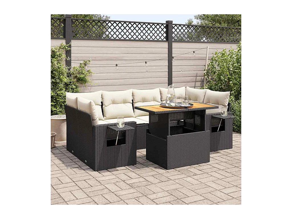 Salon de jardin 7 pièces avec coussins noir résine tressée