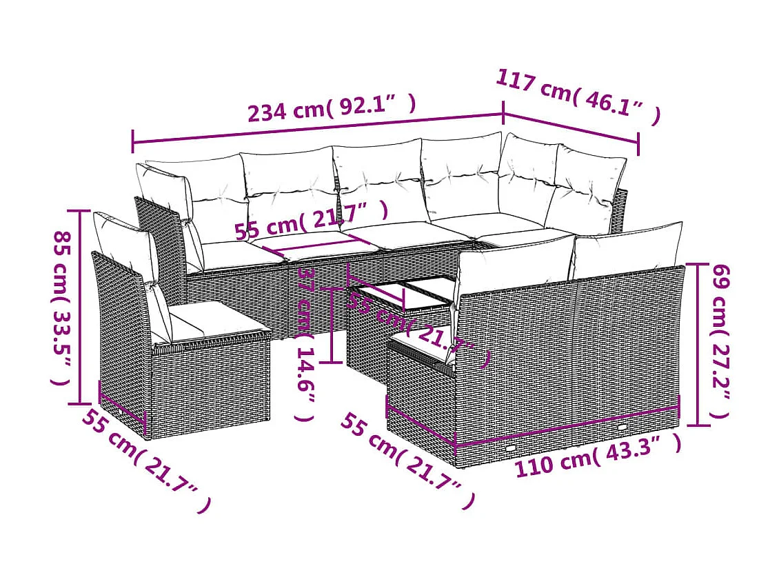 9 peças conjunto sofás para jardim com almofadões vime PE castanho