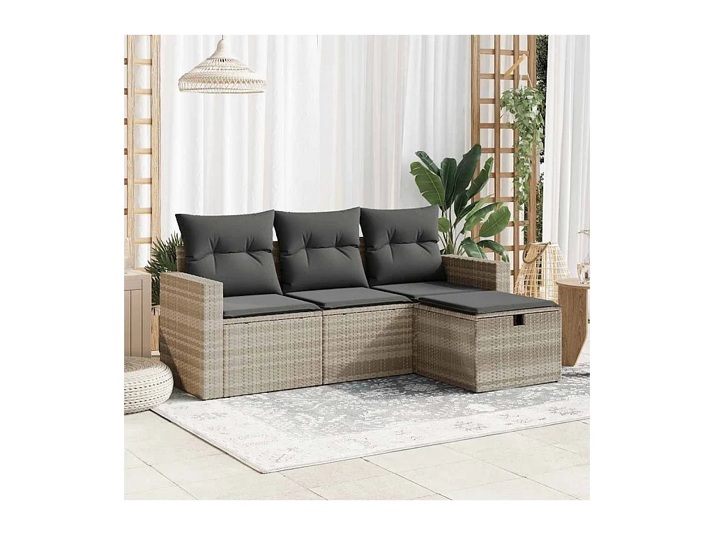 Set de sofás de jardín 4 piezas y cojines ratán sintético gris