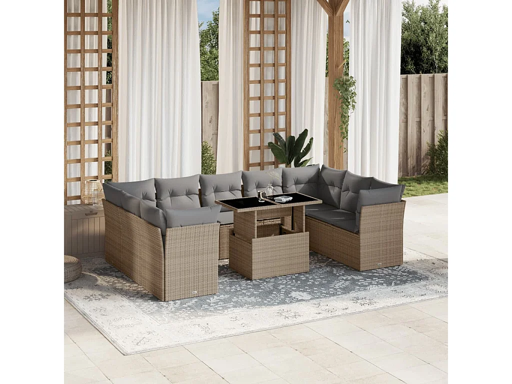 Salon de jardin avec coussins 10 pièces beige résine tressée