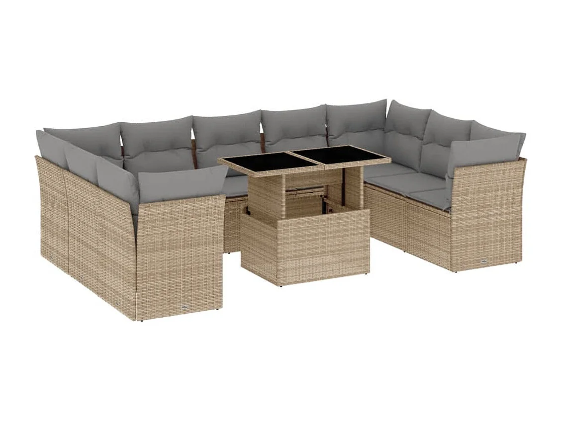 Salon de jardin avec coussins 10 pièces beige résine tressée