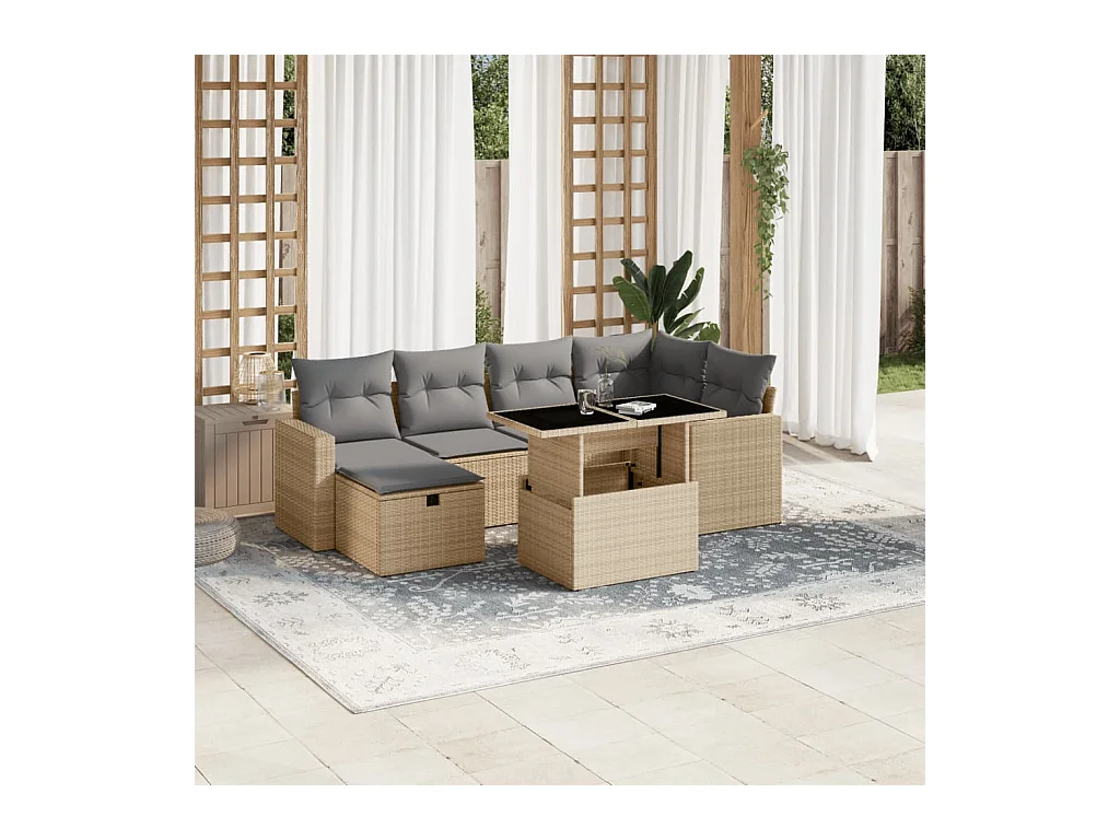 Salon de jardin avec coussins 7 pièces beige résine tressée