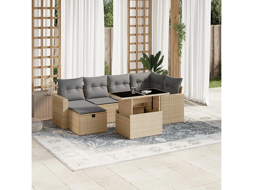 7 peças conjunto de sofás para jardim com almofadões vime PE bege