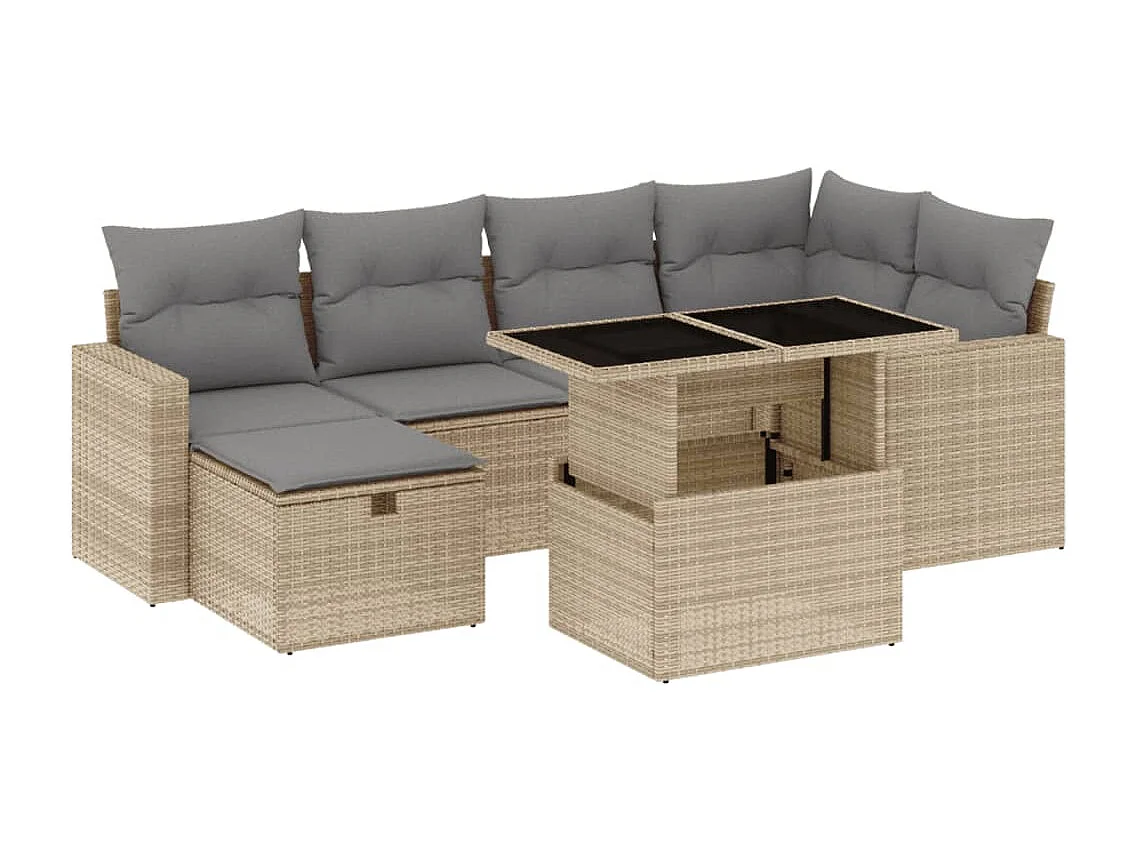 7 peças conjunto de sofás para jardim com almofadões vime PE bege