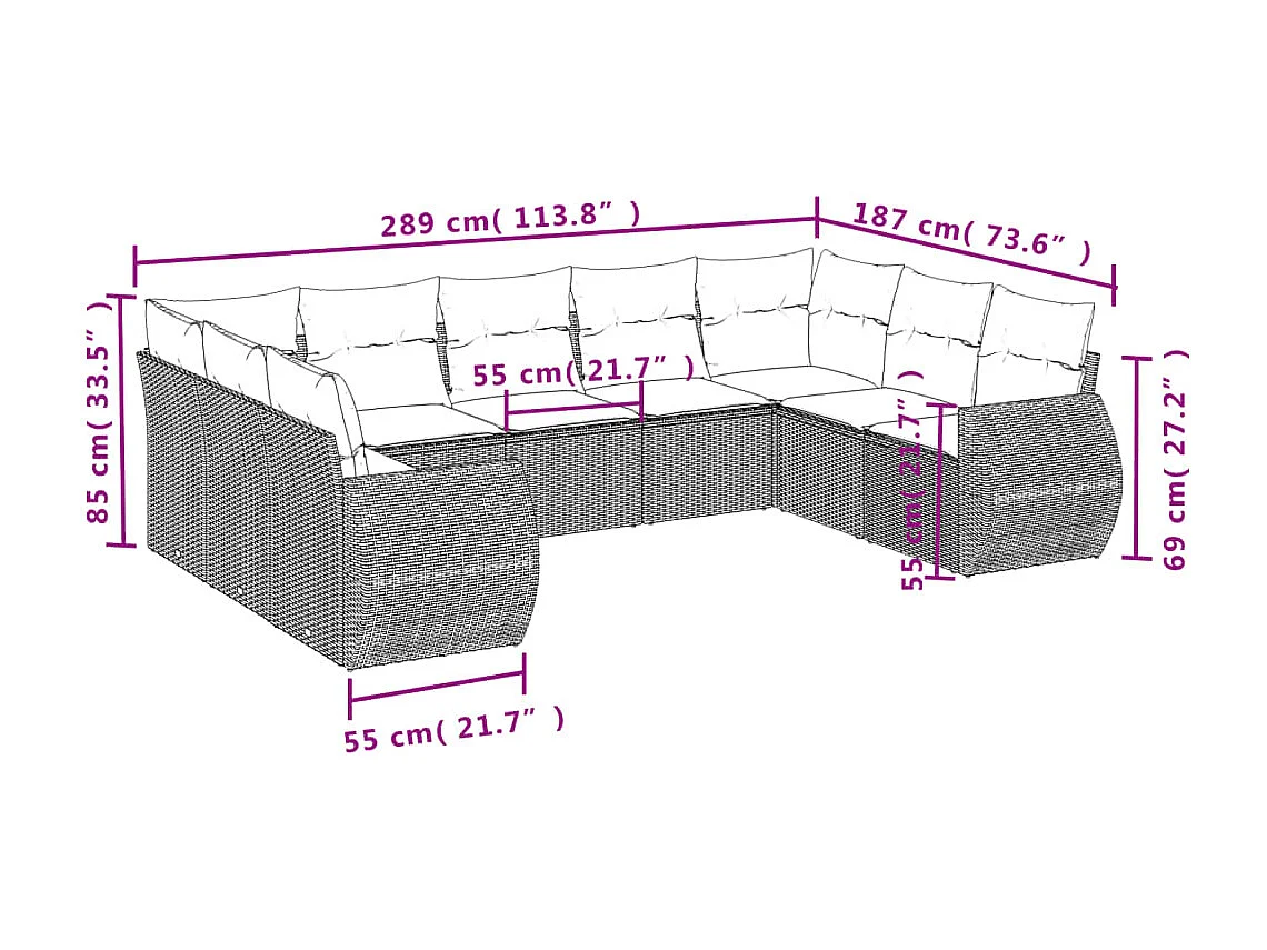 9-delige Loungeset met kussens poly rattan bruin
