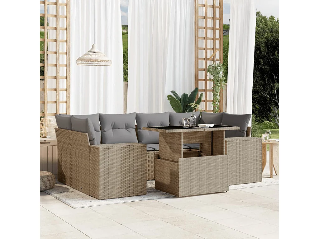 7 peças conjunto de sofás para jardim com almofadões vime PE bege