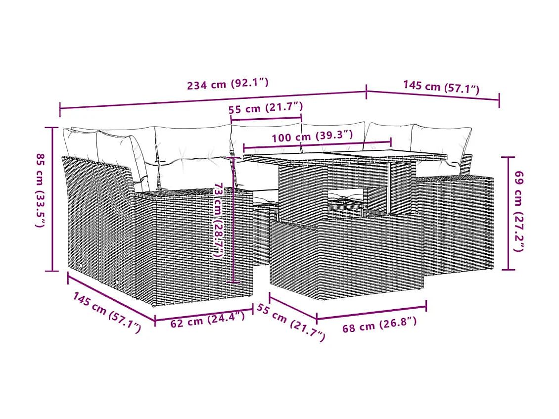 7 peças conjunto de sofás para jardim com almofadões vime PE bege