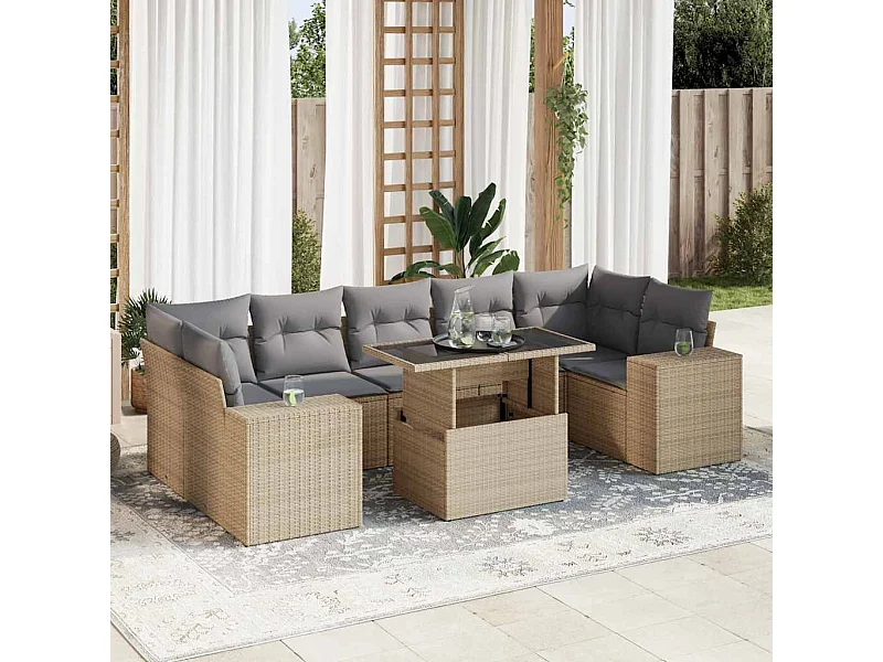 Salon de jardin avec coussins 8 pièces beige résine tressée