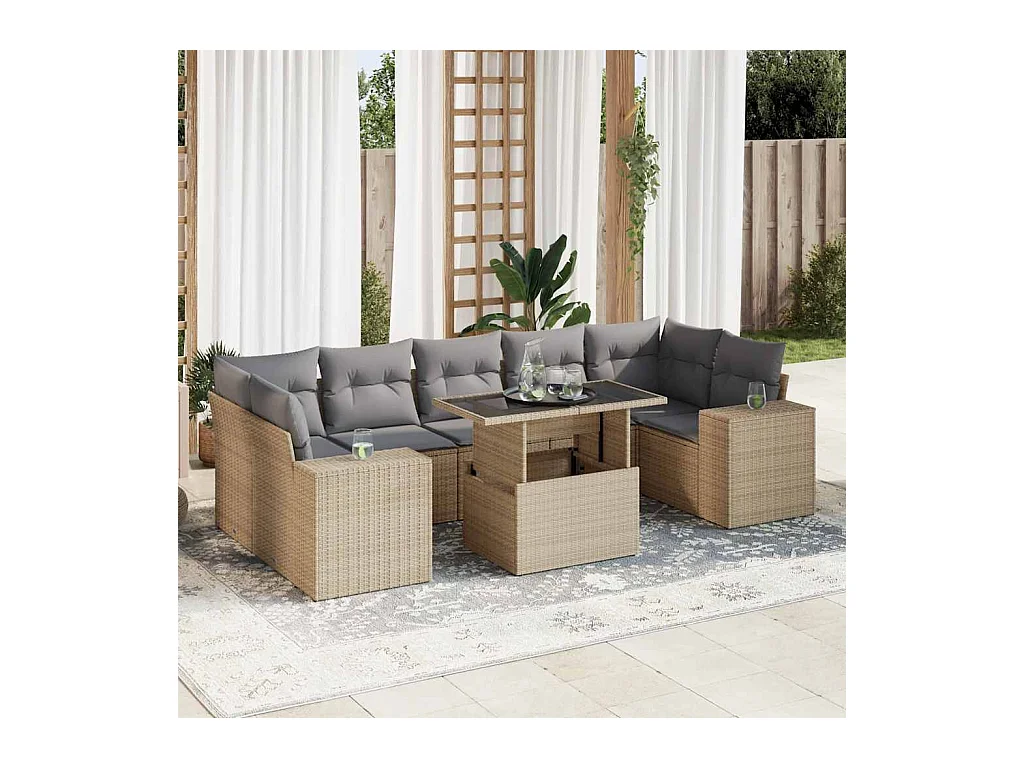 Salon de jardin avec coussins 8 pièces beige résine tressée