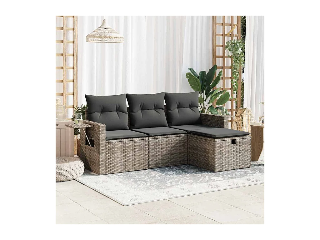 Salon de jardin 4 pièces avec coussins gris résine tressée