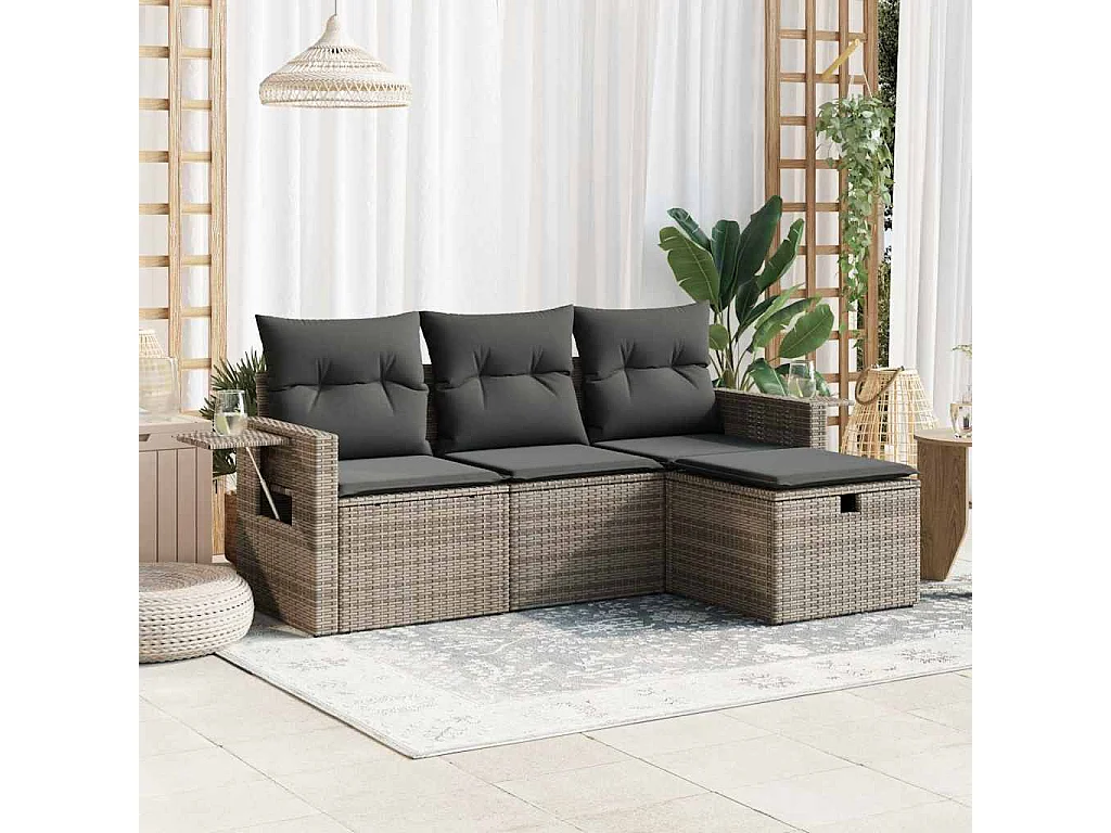 4-delige Loungeset met kussens poly rattan grijs