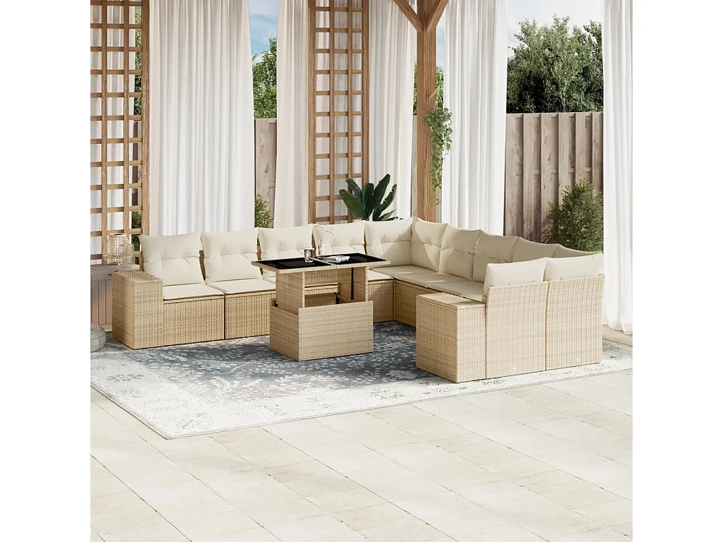 Salon de jardin 11 pièces avec coussins beige résine tressée