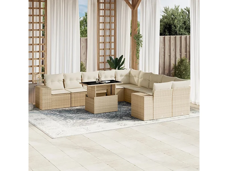Salon de jardin 11 pièces avec coussins beige résine tressée