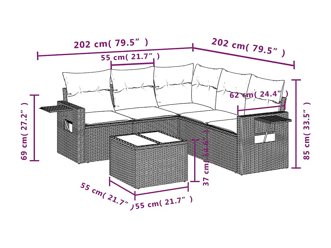 6-delige Loungeset met kussens poly rattan bruin