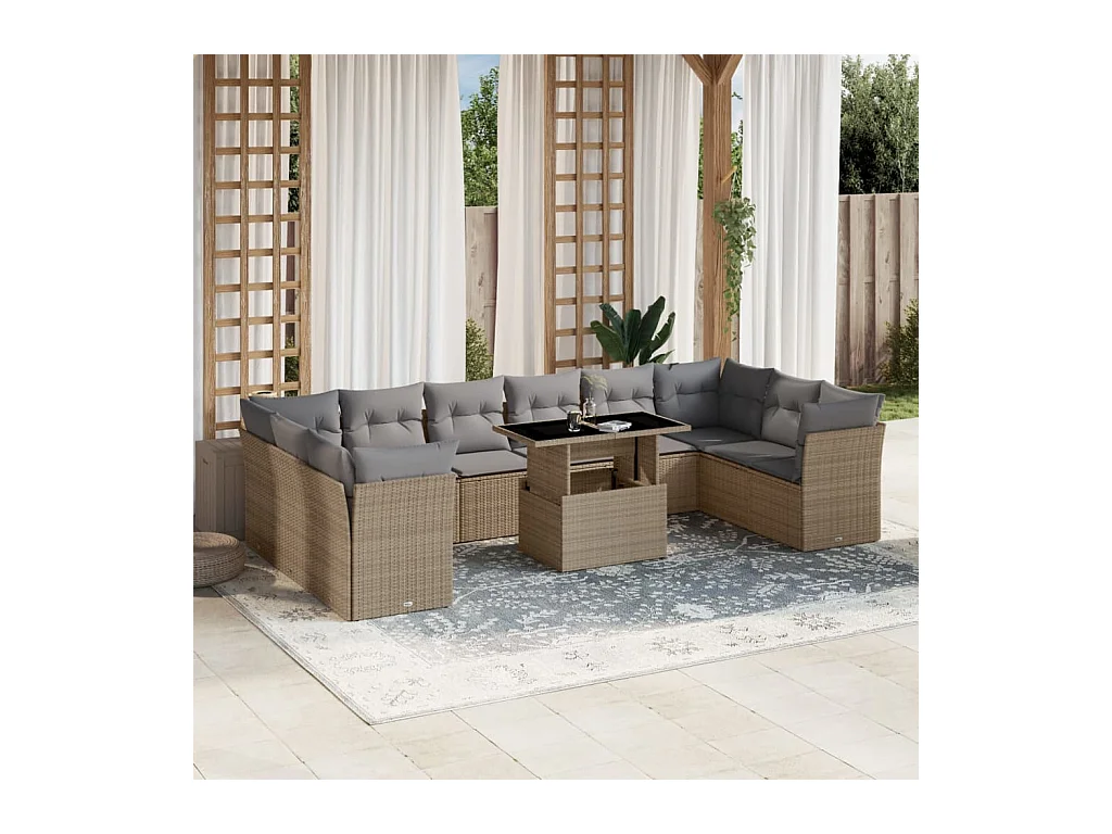 Salon de jardin 11 pièces avec coussins beige résine tressée