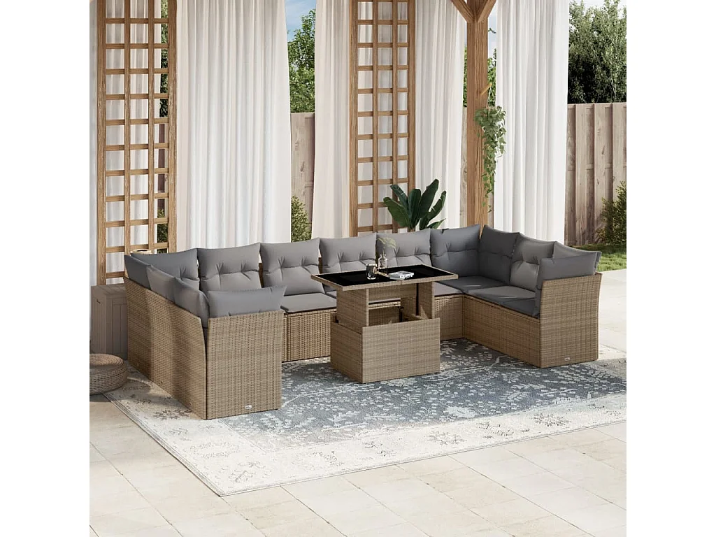 Salon de jardin 11 pièces avec coussins beige résine tressée
