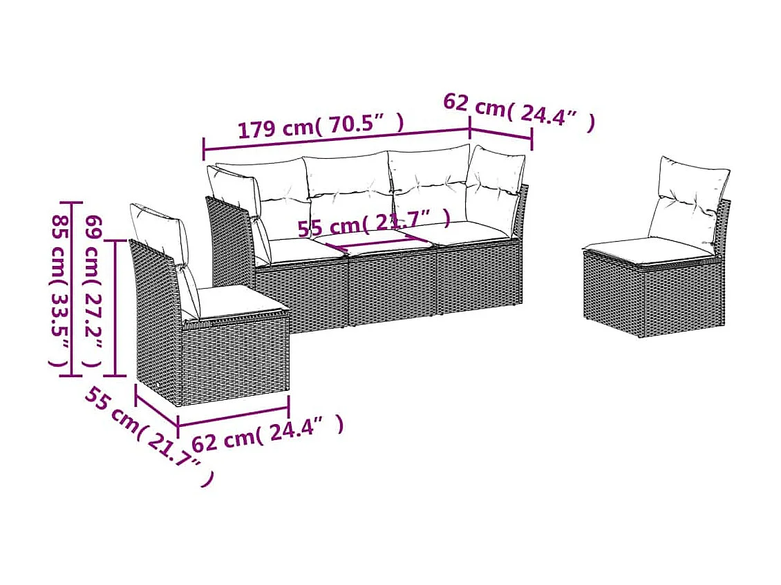 Salon de jardin 5 pièces avec coussins gris clair résine tressée