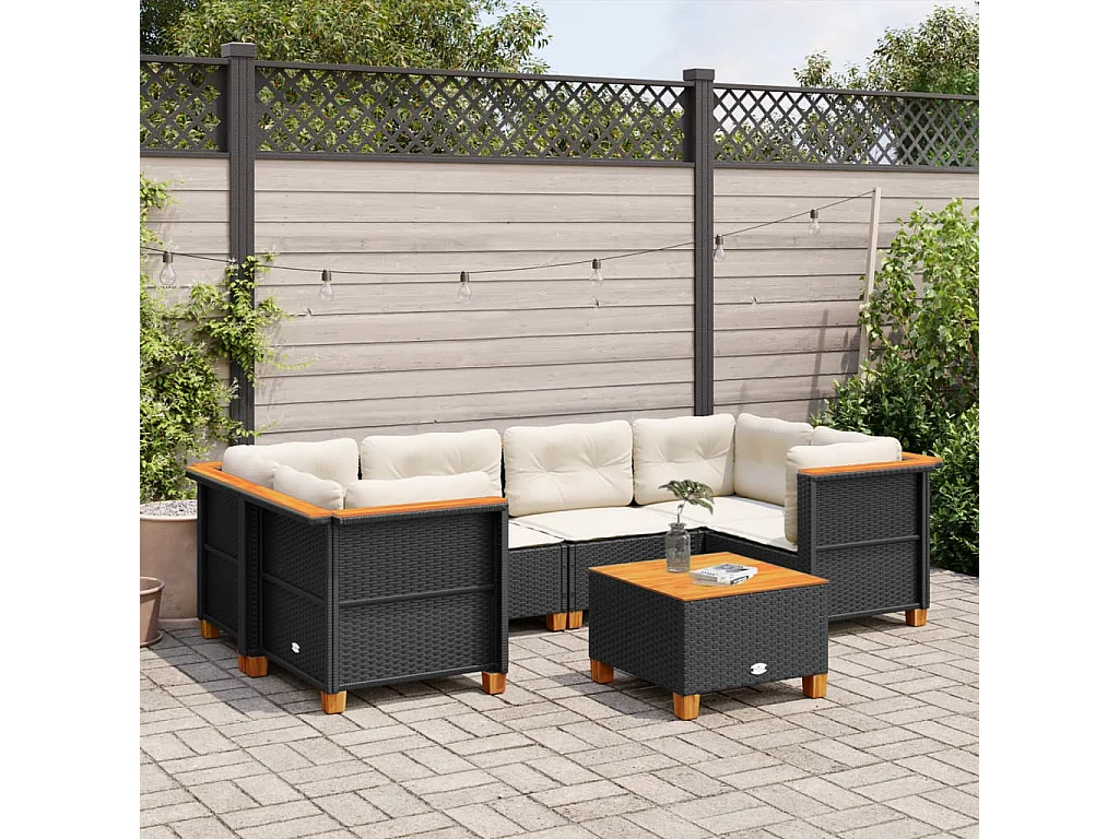 Salon de jardin 7 pièces avec coussins noir résine tressée
