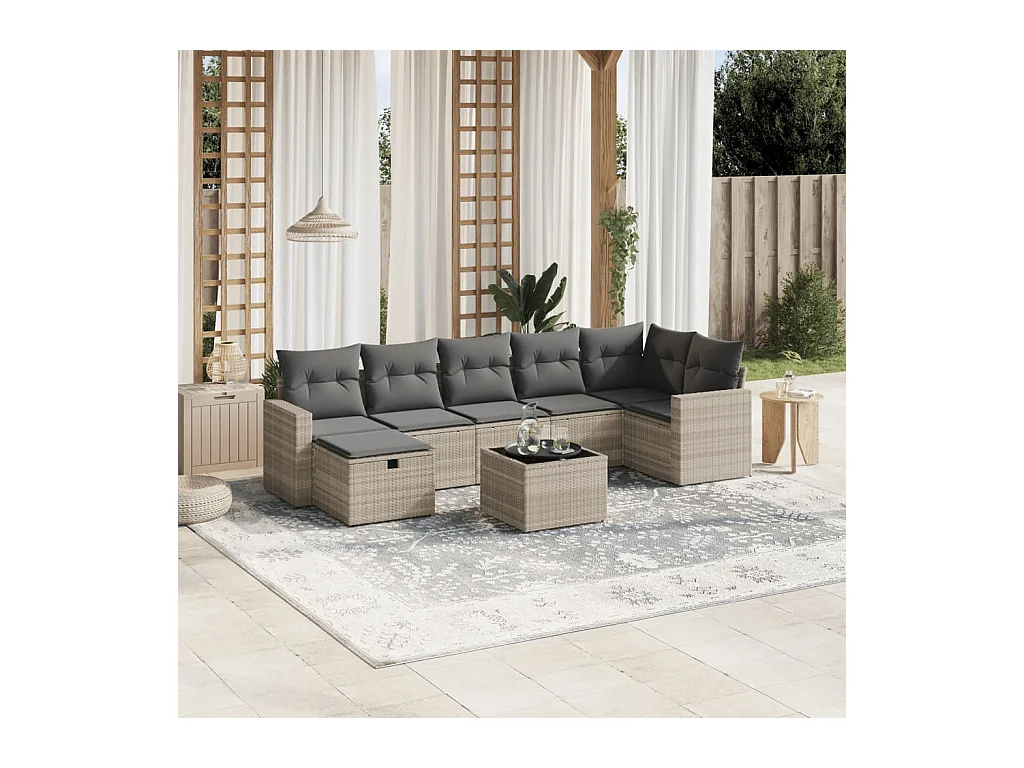 Set de sofás de jardín 8 piezas y cojines ratán sintético gris