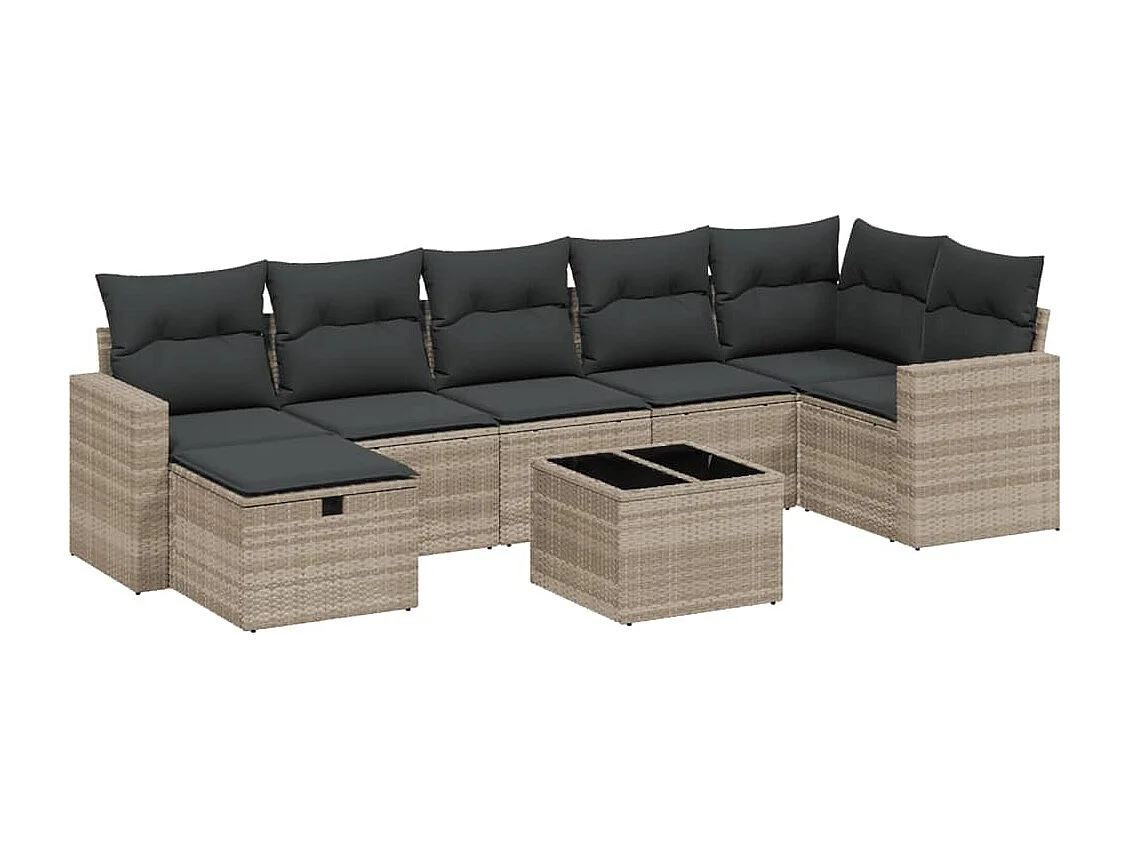 8 peças conj. sofás jardim com almofadões vime PE cinzento-claro