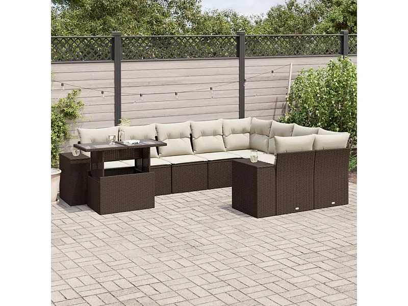 10-delige Loungeset met kussens poly rattan bruin